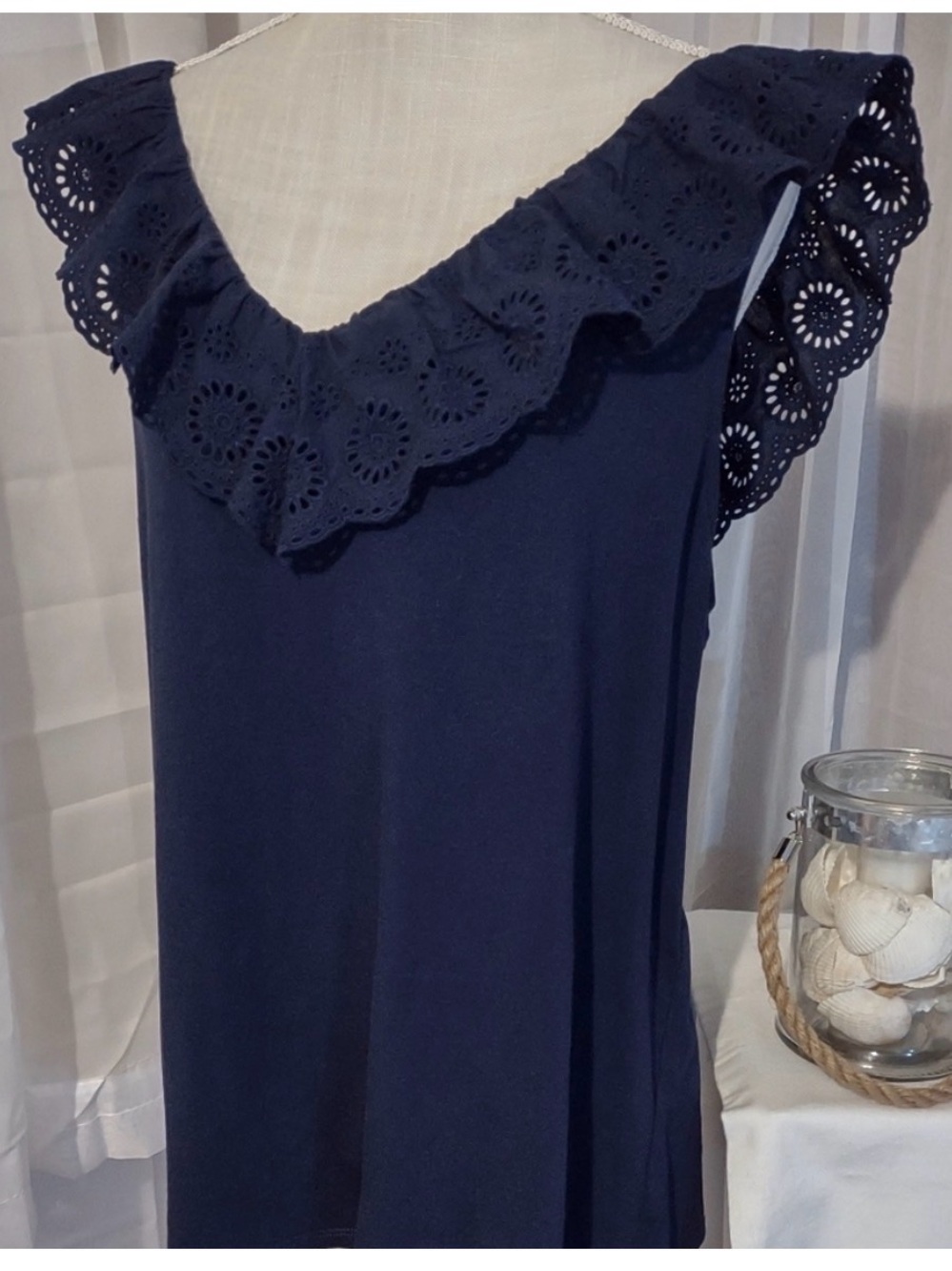 crown & ivy Navy Blue Eyelet Ruffle Tank Top Size 2X